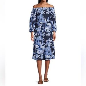 TOMMY BAHAMA DAYBREAK HIBISCUS MEDIUM OFF SHOULDER DRESS 100% COTTON NAVY $178